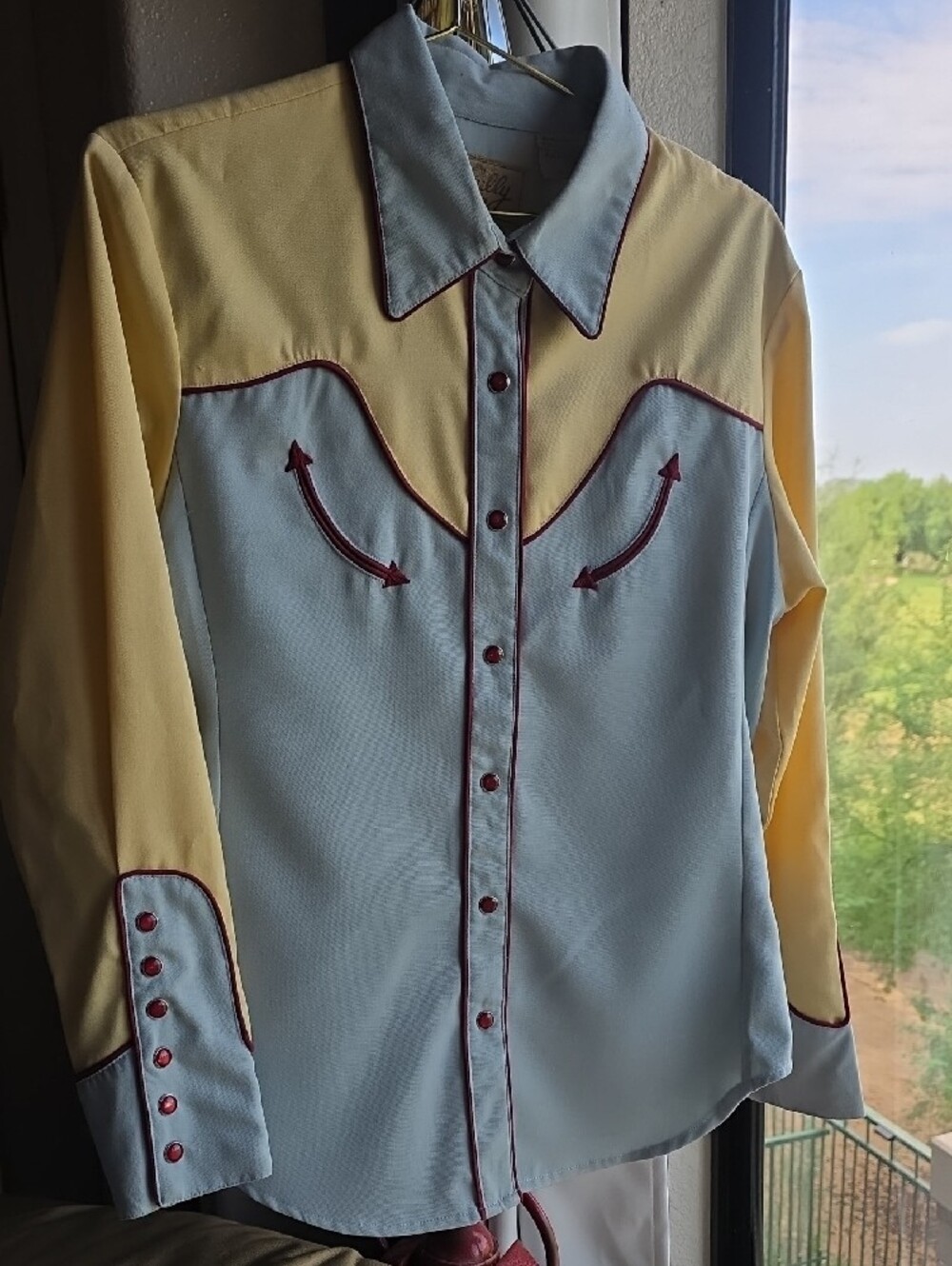 Vintage Scully Pale Blue Yellow Western Ranch Snap Shirt Maroon Piping Large